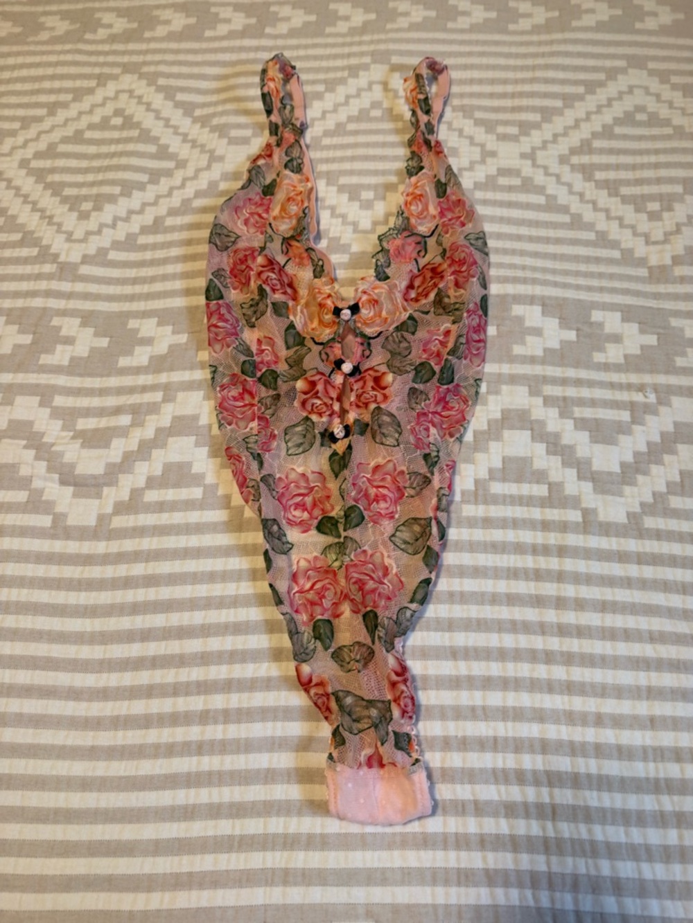 Savage X Fenty Floral Pink Mesh Bodysuit with Rose Print